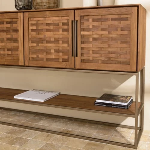 MACABANE Buffet En Bois De Teck Recyclé 4 Portes En Tissage De Bambou 3 MACABANE Buffet En Bois De Teck Recyclé 4 Portes En Tissage De Bambou – Image 3