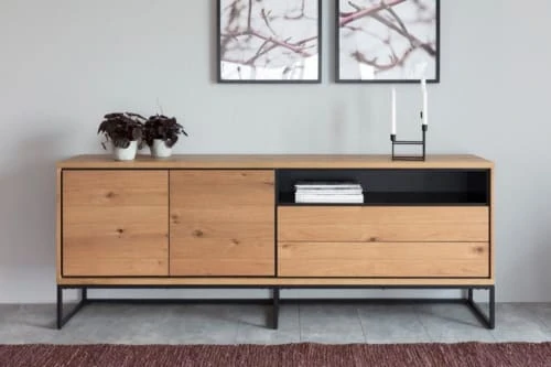 HELLIN Buffet Enfilade 2 Portes 2 Tiroirs En Bois Et Piétement Métal Noir 2 HELLIN Buffet Enfilade 2 Portes 2 Tiroirs En Bois Et Piétement Métal Noir – Image 2