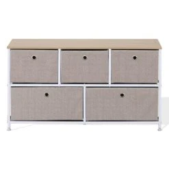 Mobili Rebecca Buffet Enfilade à 5 Tiroirs En Metal Et Tissu Blanc Et Beige