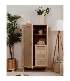 CALICOSY Buffet Haut 1 Porte, 3 Tiroirs Et 2 Compartiments - H141 Cm - Beige -Boutique Maisons du Monde buffet haut 1 porte 3 tiroirs et 2 compartiments h141 cm beige 2
