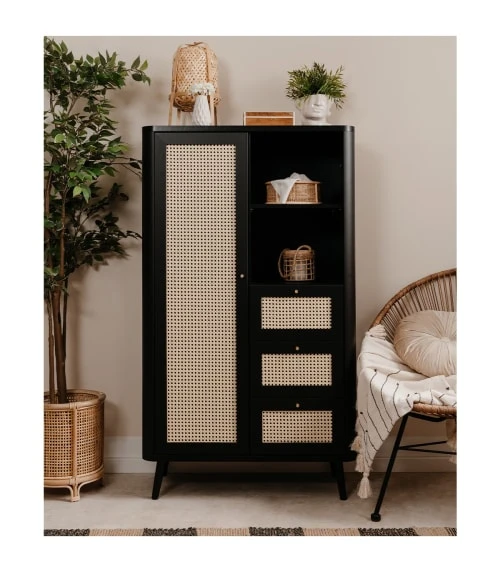 CALICOSY Buffet Haut 1 Porte, 3 Tiroirs Et 2 Compartiments - H141 Cm - Noir 2 CALICOSY Buffet Haut 1 Porte, 3 Tiroirs Et 2 Compartiments - H141 Cm - Noir – Image 2