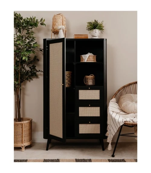 CALICOSY Buffet Haut 1 Porte, 3 Tiroirs Et 2 Compartiments - H141 Cm - Noir 3 CALICOSY Buffet Haut 1 Porte, 3 Tiroirs Et 2 Compartiments - H141 Cm - Noir – Image 3