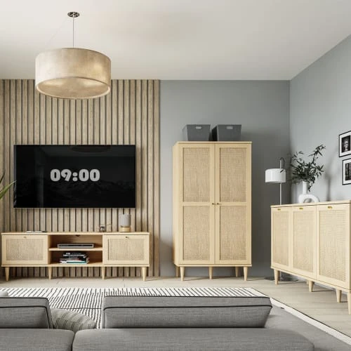 HOMIFAB Buffet Haut 2 Portes En Cannage Et Effet Chêne 80 Cm 3 HOMIFAB Buffet Haut 2 Portes En Cannage Et Effet Chêne 80 Cm – Image 3