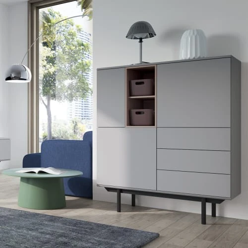 Petits Meubles Buffet Haut 3 Portes 3 Tiroirs Gris Et Naturel 2 Petits Meubles Buffet Haut 3 Portes 3 Tiroirs Gris Et Naturel – Image 2