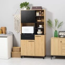 Alternative view of HOMCOM Buffet Haut 3 Portes Tiroir 5 Niches Bicolore Aspect Bois Clair Noir