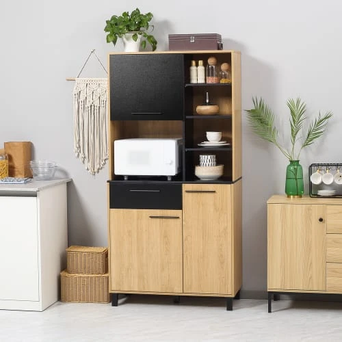 HOMCOM Buffet Haut 3 Portes Tiroir 5 Niches Bicolore Aspect Bois Clair Noir 2 HOMCOM Buffet Haut 3 Portes Tiroir 5 Niches Bicolore Aspect Bois Clair Noir – Image 2