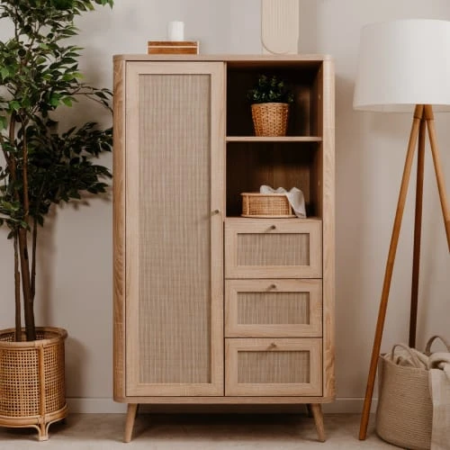 HOMIFAB Buffet Haut Cannage Et Effet Bois Naturel 81 Cm 2 HOMIFAB Buffet Haut Cannage Et Effet Bois Naturel 81 Cm – Image 2