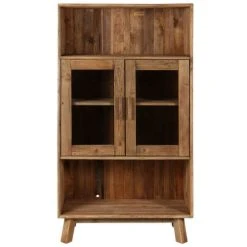 Grenier Alpin Buffet Haut En Pin Recyclé 2 Portes Vitrées Et 2 Niches