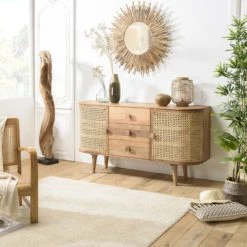 Alternative view of MACABANE Buffet Marron 2 Portes 3 Tiroirs Bois De Jamelonier Et Cannage