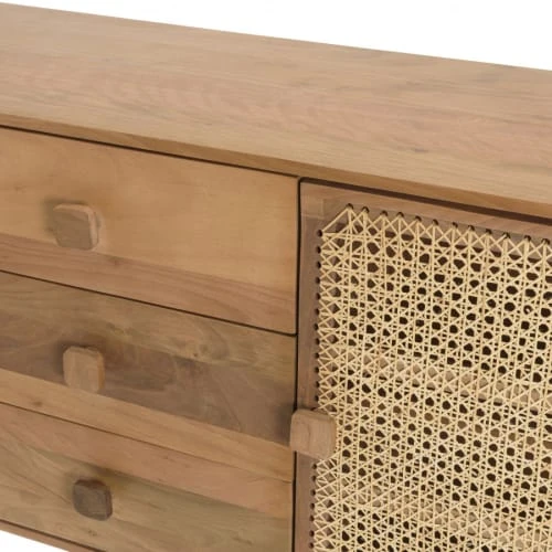 MACABANE Buffet Marron 2 Portes 3 Tiroirs Bois De Jamelonier Et Cannage 3 MACABANE Buffet Marron 2 Portes 3 Tiroirs Bois De Jamelonier Et Cannage – Image 3