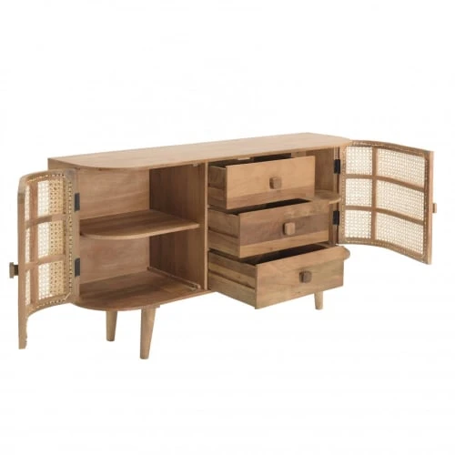 MACABANE Buffet Marron 2 Portes 3 Tiroirs Bois De Jamelonier Et Cannage 4 MACABANE Buffet Marron 2 Portes 3 Tiroirs Bois De Jamelonier Et Cannage – Image 4