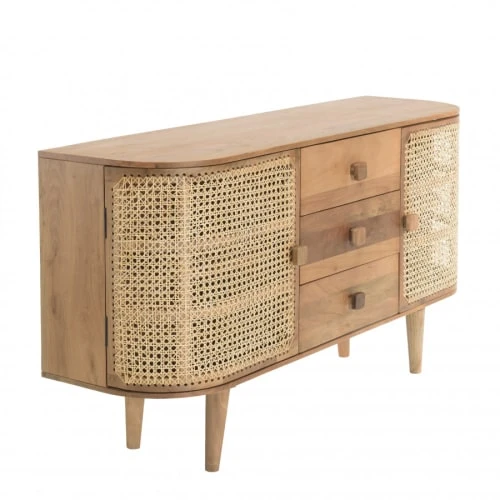 MACABANE Buffet Marron 2 Portes 3 Tiroirs Bois De Jamelonier Et Cannage 5 MACABANE Buffet Marron 2 Portes 3 Tiroirs Bois De Jamelonier Et Cannage – Image 5