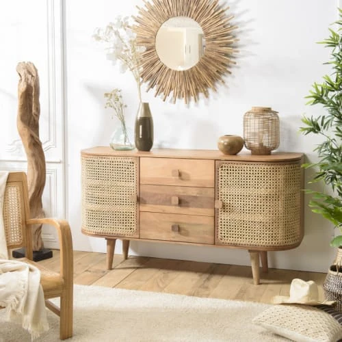 MACABANE Buffet Marron 2 Portes 3 Tiroirs Bois De Jamelonier Et Cannage 6 MACABANE Buffet Marron 2 Portes 3 Tiroirs Bois De Jamelonier Et Cannage – Image 6
