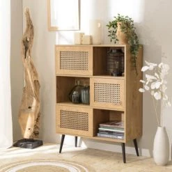 Alternative view of MACABANE Buffet Marron 3 Niches 3 Portes Effet Cannage Pieds Métal