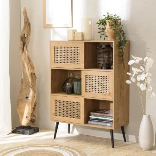 MACABANE Buffet Marron 3 Niches 3 Portes Effet Cannage Pieds Métal 2 MACABANE Buffet Marron 3 Niches 3 Portes Effet Cannage Pieds Métal – Image 2