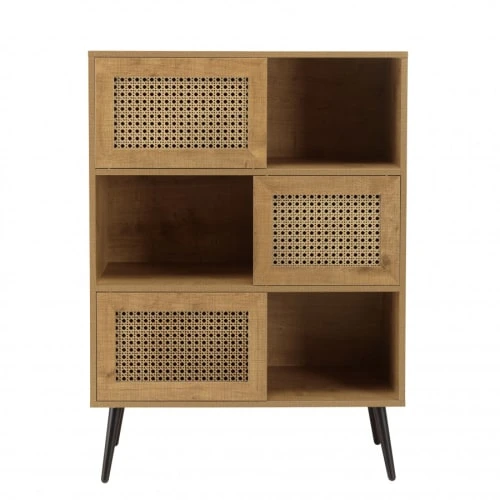 MACABANE Buffet Marron 3 Niches 3 Portes Effet Cannage Pieds Métal 4 MACABANE Buffet Marron 3 Niches 3 Portes Effet Cannage Pieds Métal – Image 4