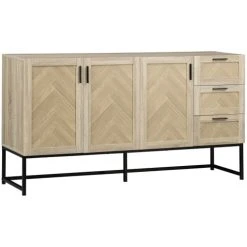 HOMCOM Buffet Motif Chevron 3 Placards 3 Tiroirs Métal Aspect Chêne Clair