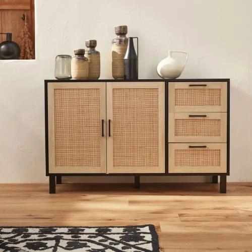 Alice's Garden Buffet Noir Et Cannage 120 X 40 X 75cm - 3 Tiroirs, 2 Portes 2 Alice's Garden Buffet Noir Et Cannage 120 X 40 X 75cm - 3 Tiroirs, 2 Portes – Image 2