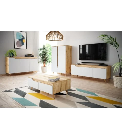 CALICOSY Buffet Scandinave 3 Portes L140 Cm - Décor Blanc Et Bois Clair 2 CALICOSY Buffet Scandinave 3 Portes L140 Cm - Décor Blanc Et Bois Clair – Image 2