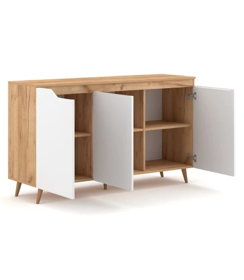 CALICOSY Buffet Scandinave 3 Portes L140 Cm - Décor Blanc Et Bois Clair 3 CALICOSY Buffet Scandinave 3 Portes L140 Cm - Décor Blanc Et Bois Clair – Image 3