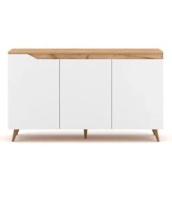 CALICOSY Buffet Scandinave 3 Portes L140 Cm - Décor Blanc Et Bois Clair