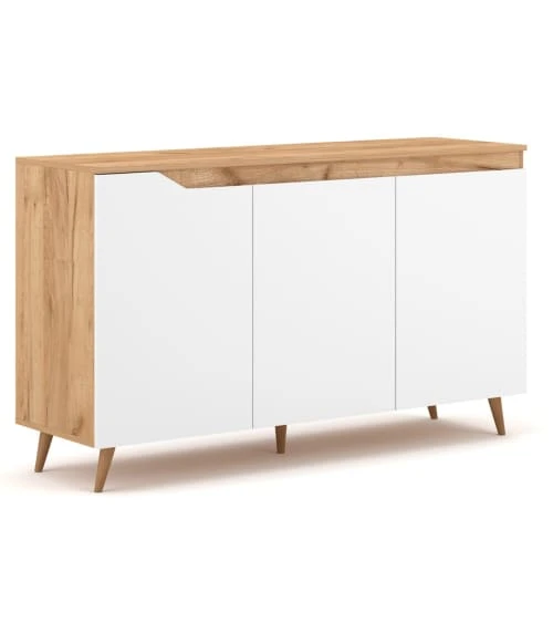 CALICOSY Buffet Scandinave 3 Portes L140 Cm - Décor Blanc Et Bois Clair 4 CALICOSY Buffet Scandinave 3 Portes L140 Cm - Décor Blanc Et Bois Clair – Image 4