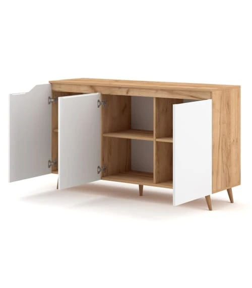 CALICOSY Buffet Scandinave 3 Portes L140 Cm - Décor Blanc Et Bois Clair 5 CALICOSY Buffet Scandinave 3 Portes L140 Cm - Décor Blanc Et Bois Clair – Image 5