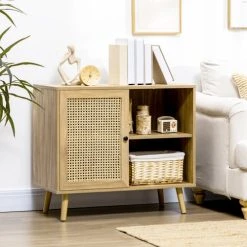 Alternative view of HOMCOM Buffet Style Bohème Porte étagère 2 Niches Aspect Bois Manguier Rotin