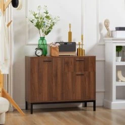 Alternative view of HOMCOM Buffet Style Classique - 2 Portes, Tiroir - Acier Aspect Bois De Noyer