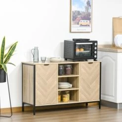 Alternative view of HOMCOM Buffet Style Graphique Chevrons 2 Portes 3 Niches Métal Noir Bois