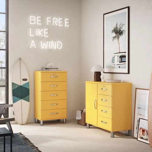 Tenzo Buffet Vintage 1 Porte 4 Tiroirs L98cm Jaune 2 Tenzo Buffet Vintage 1 Porte 4 Tiroirs L98cm Jaune – Image 2