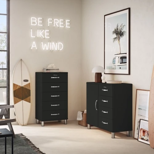 Tenzo Buffet Vintage 1 Porte 4 Tiroirs L98cm Noir 2 Tenzo Buffet Vintage 1 Porte 4 Tiroirs L98cm Noir – Image 2