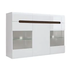 Petits Meubles Buffet Vitré 3 Portes 3 Tiroirs Avec Led Blanc Laqué Et Naturel