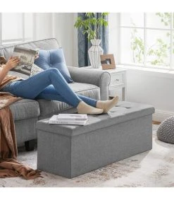 CALICOSY Coffre De Rangement Avec 2 Compartiments Intérieur - L110 Cm - Gris -Boutique Maisons du Monde coffre de rangement avec 2 compartiments interieur l110 cm gris 3