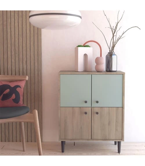 CALICOSY Petit Buffet 4 Portes L61cm - Bois / Vert 2 CALICOSY Petit Buffet 4 Portes L61cm - Bois / Vert – Image 2