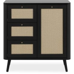 HOMIFAB Petit Buffet Cannage Et Effet Bois Noir 81 Cm