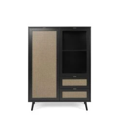 CALICOSY Vaisselier 2 Portes 2 Tiroirs Impression Cannage Et Noir - L101,4 Cm