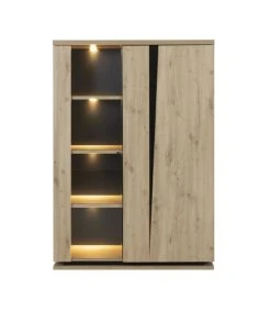 CALICOSY Vaisselier 2 Portes Avec Vitrine Et éclairage - Décor Chêne Et Noir