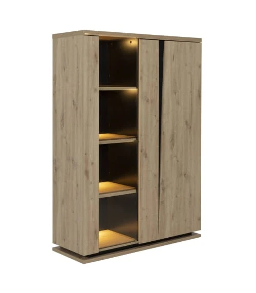 CALICOSY Vaisselier 2 Portes Avec Vitrine Et éclairage - Décor Chêne Et Noir 4 CALICOSY Vaisselier 2 Portes Avec Vitrine Et éclairage - Décor Chêne Et Noir – Image 4
